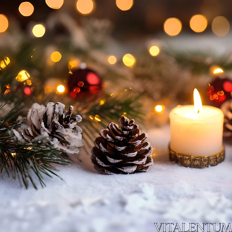 Cozy Holiday Setting with Pine Cones, Snow, and Candlelight AI Image