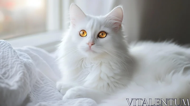 Golden-Eyed White Cat Resting Indoors AI Image