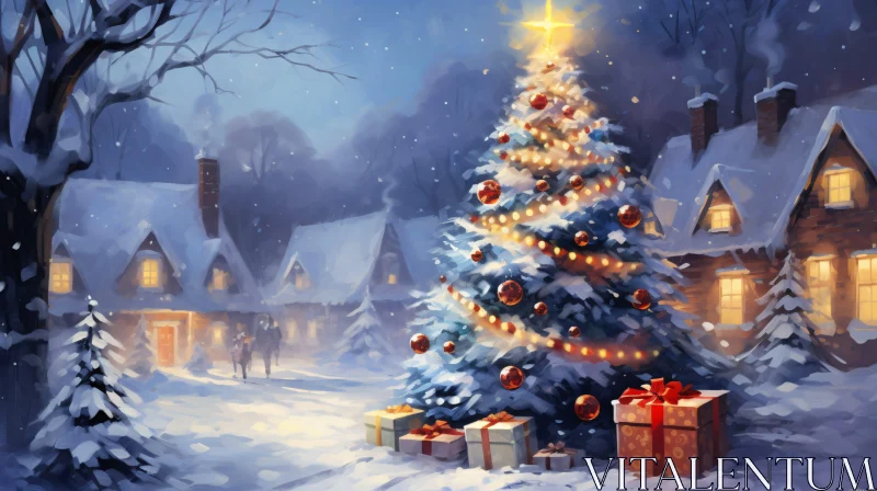 Festive Snow-Covered Village with Holidays Lights AI Image