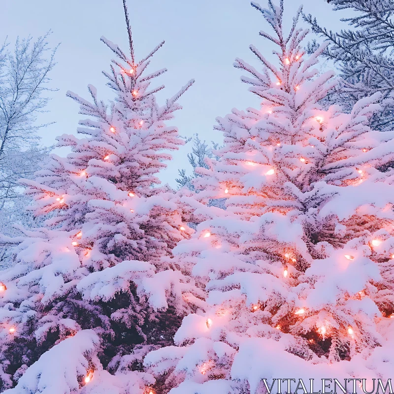 Winter Pine Trees with Snow and Lights AI Image