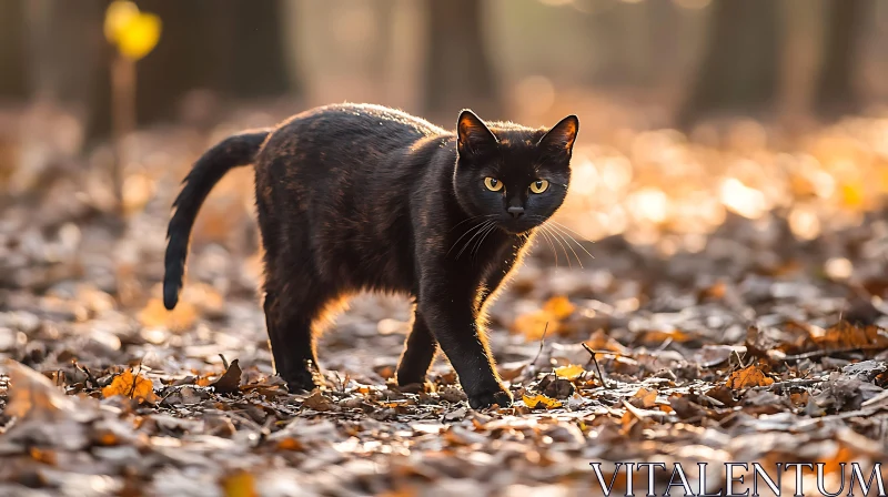 Black Cat Walking Amidst Autumn Leaves in Forest AI Image