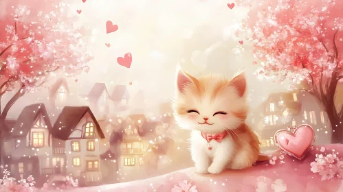 Charming Kitten in a Romantic Cherry Blossom Scene