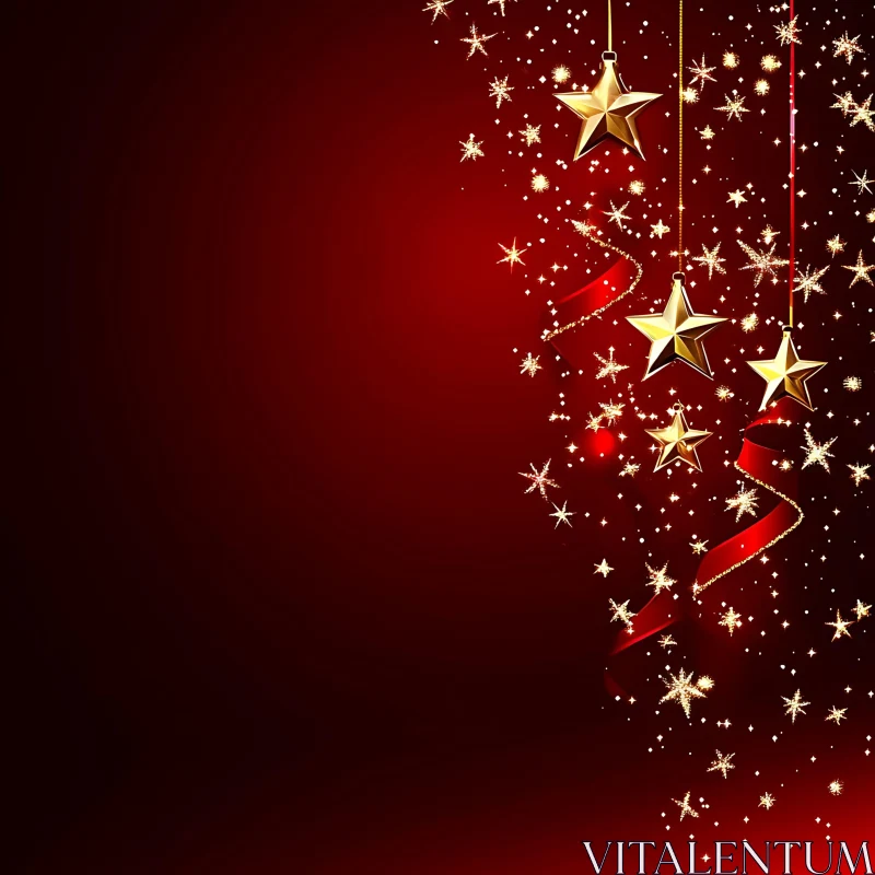 Festive Golden Star Decorations on Red Background AI Image