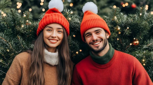 Festive Couple in Front of Decorated Christmas Tree