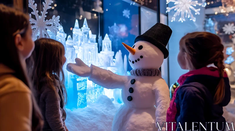 Magical Winter Scene with Snowman and Kids AI Image