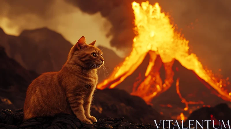 Cat and Volcano Eruption - Dramatic Nature Scene AI Image