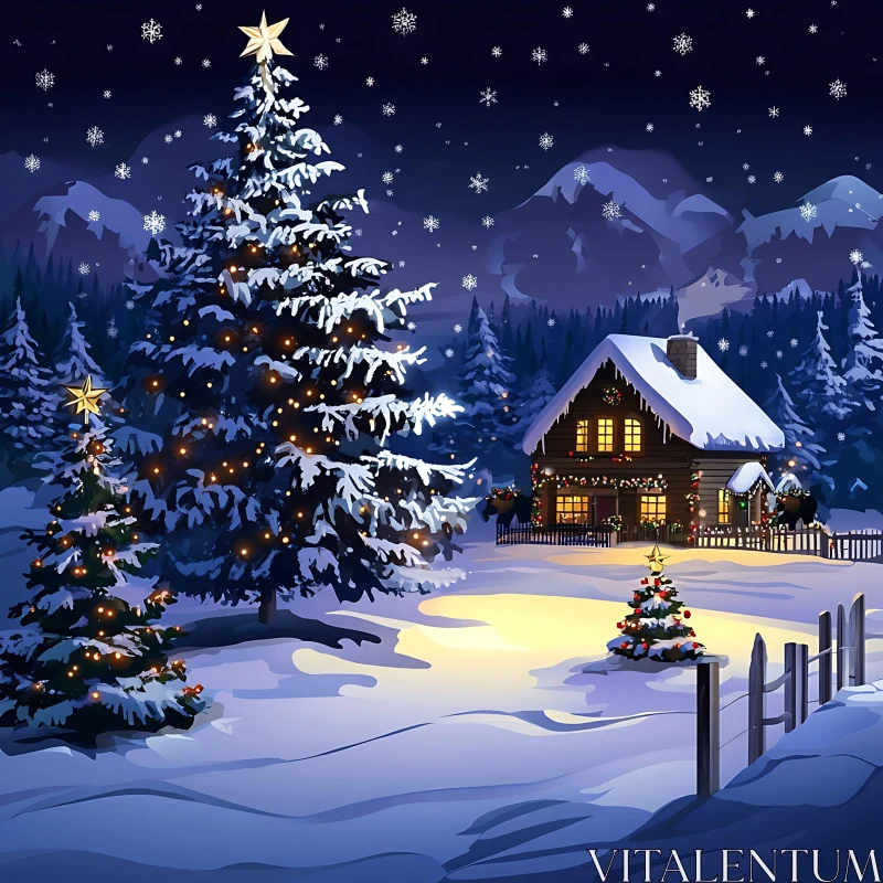 Holiday Cabin in a Glowing Winter Night AI Image