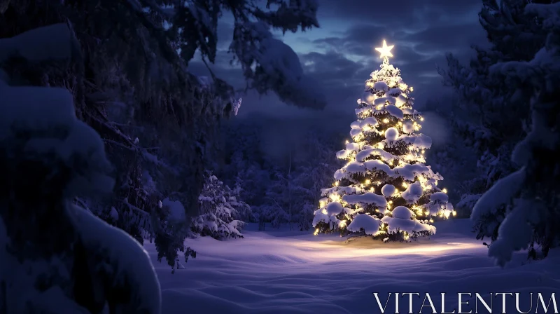 AI ART Glowing Christmas Tree Adorned with Lights in Snow