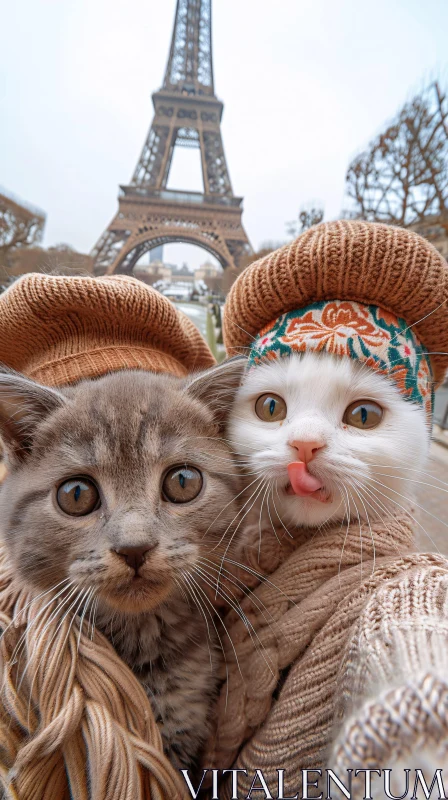 AI ART Playful Cats in Winter Attire at Eiffel Tower