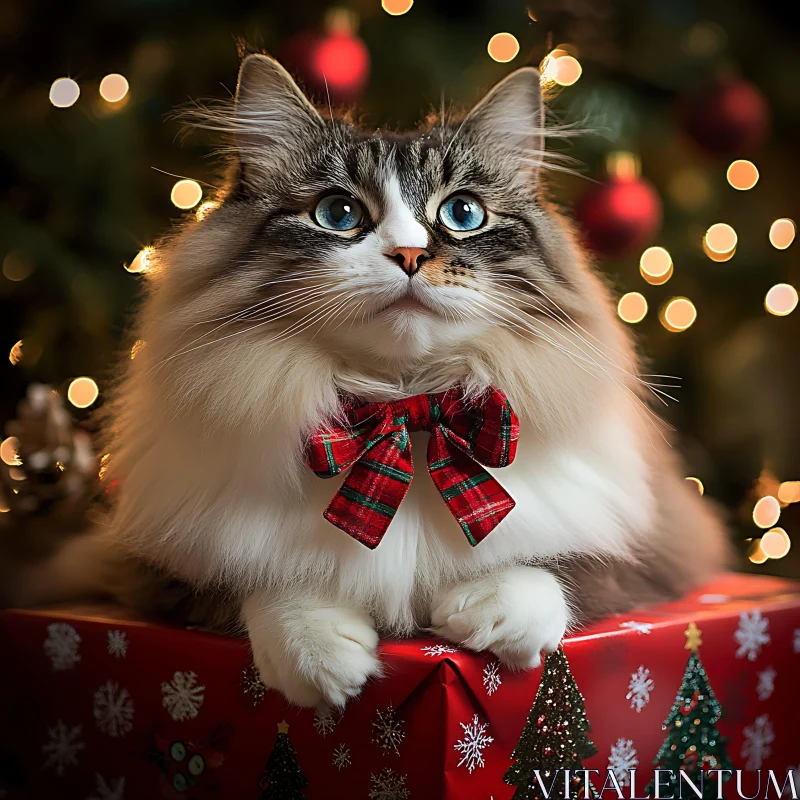 Christmas Cat with Red Plaid Bow Tie AI Image