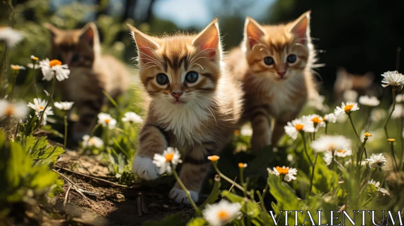 Adorable Ginger Kittens in Green Field with Daisies AI Image