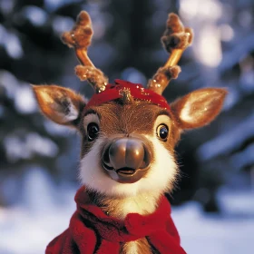 Festive Reindeer with Red Scarf in Snowy Woods