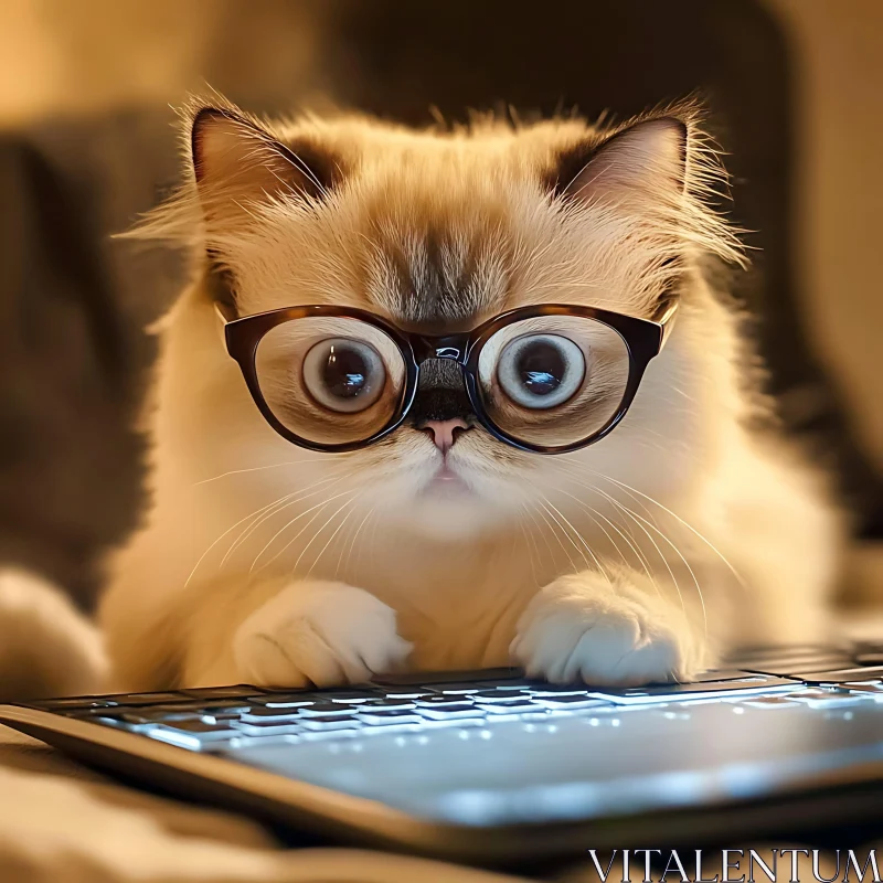 Cute Cat Wearing Glasses Using Keyboard AI Image