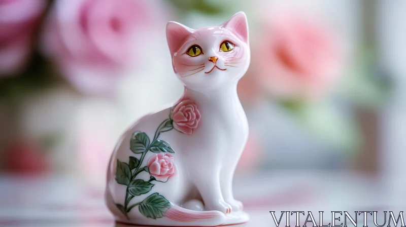 Delicate Porcelain Cat with Floral Adornments AI Image