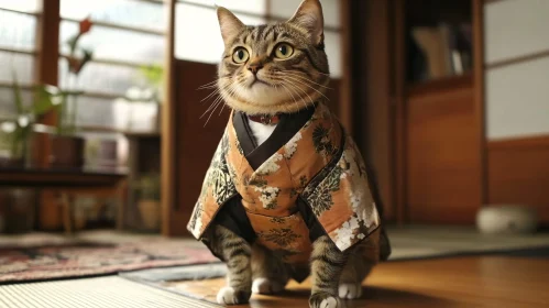 Tabby Cat Wearing a Kimono on Tatami Mat