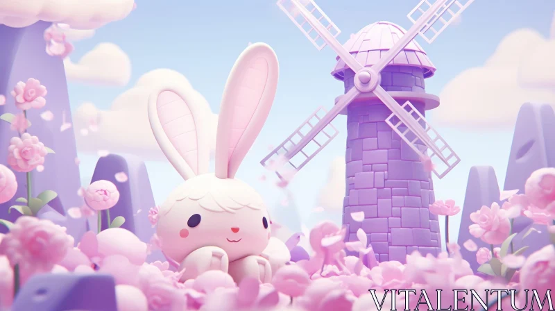 Charming Pink Bunny Animation in a Meadow with a Windmill AI Image