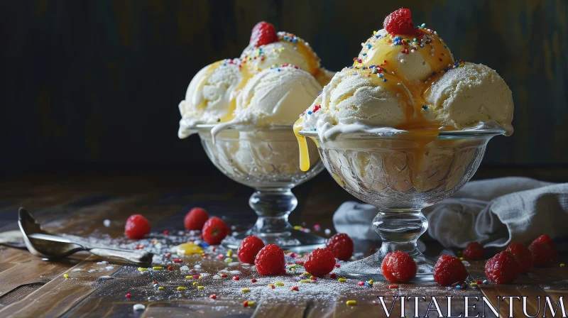 Delicious Vanilla Ice Cream with Raspberries and Sprinkles AI Image