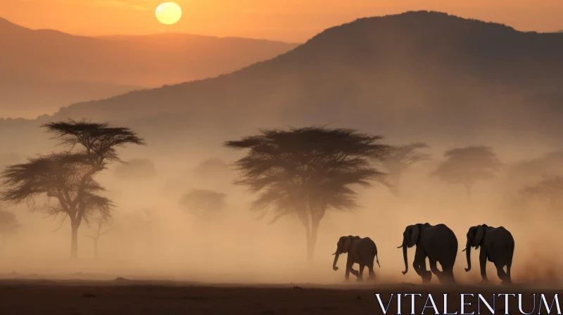 Graceful Elephants Walking in the Fog at Sunset | Captivating Animal Photography AI Image