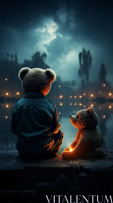 Mystical Night Scene with Teddy Bears by Lake AI Image