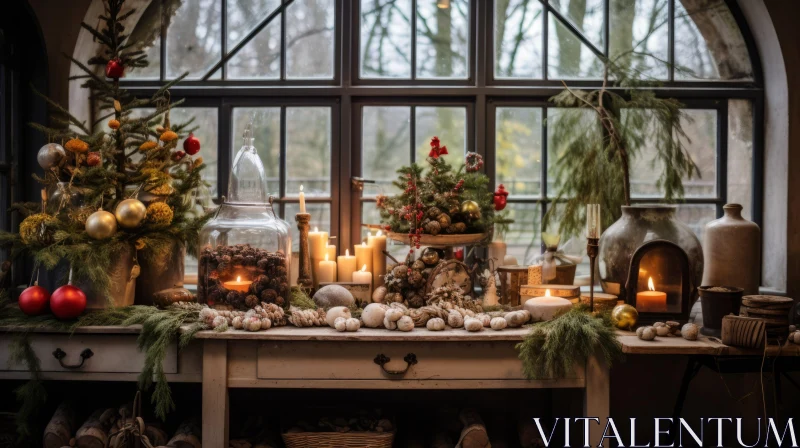 Nostalgic Christmas Table with Candles and Decorations | Organic Architecture AI Image
