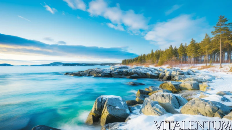Time-lapse Photography of Snowy Rocky Shoreline Under Sky-Blue and Turquoise Hues AI Image
