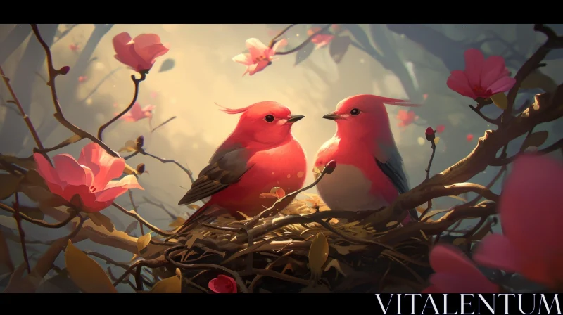 Whimsical Painting of Two Pink Birds in a Nest surrounded by Flowers AI Image