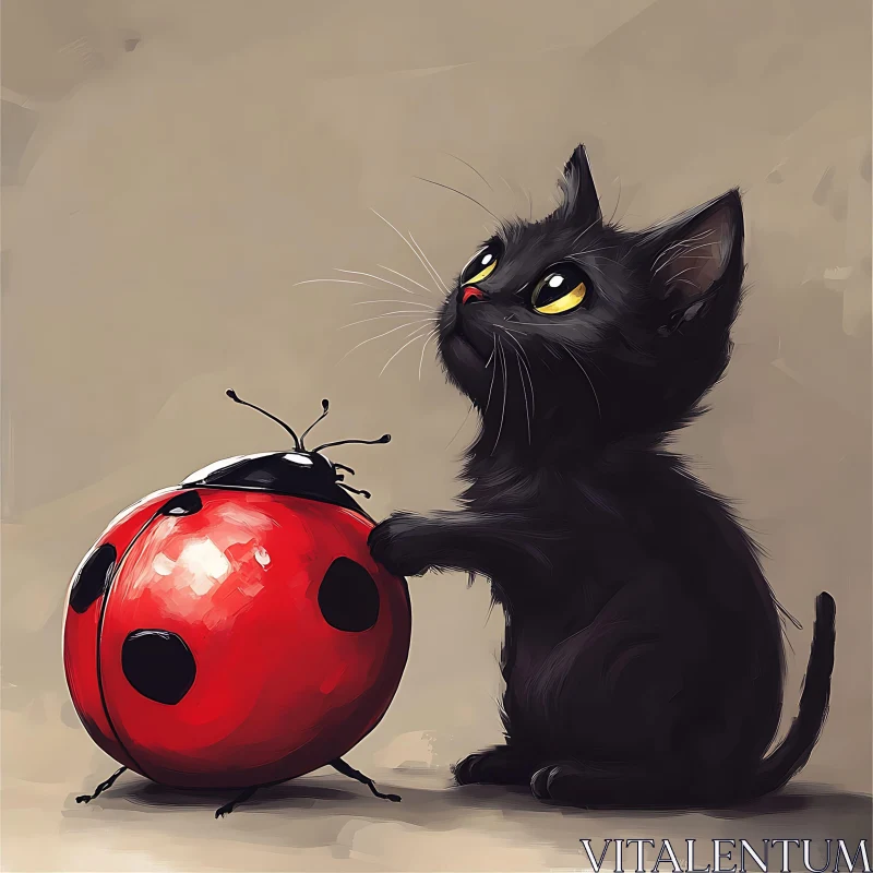 Curious Kitten Meets Vibrant Ladybug AI Image