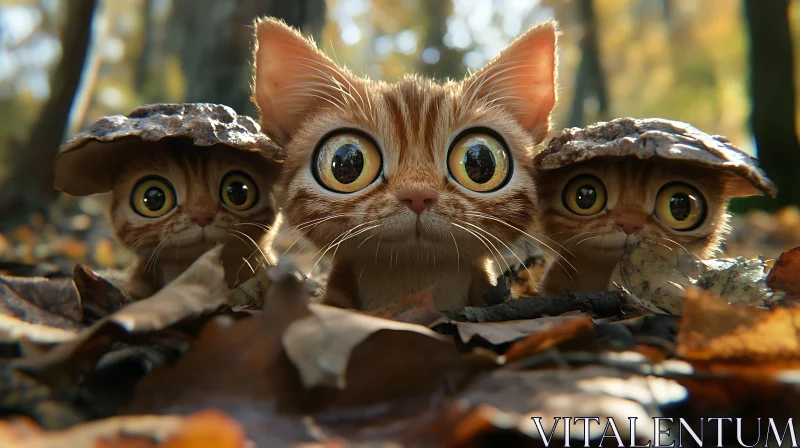 Charming Kittens with Leaves in a Forest AI Image