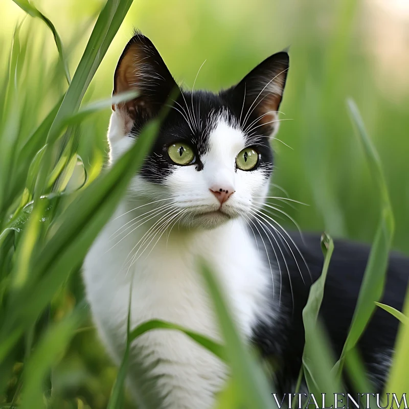 Cat in Nature with Tall Grass AI Image