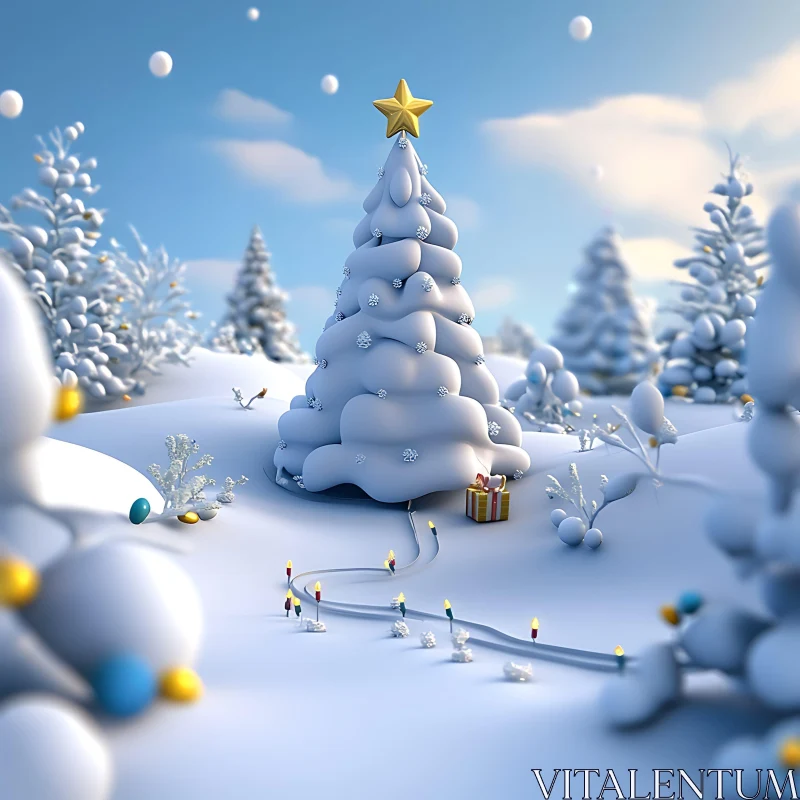 Stylized Winter Christmas Scene with Snow-covered Tree AI Image