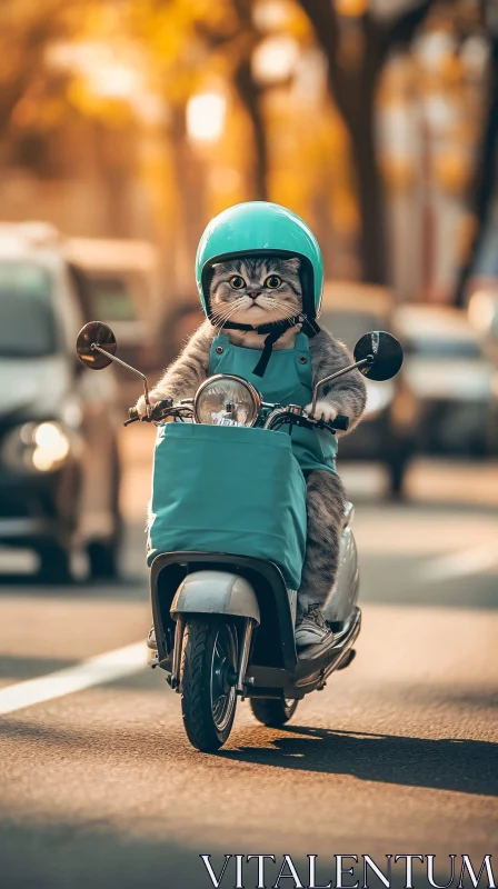 AI ART Funny Cat on Scooter with Helmet