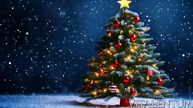 Christmas Tree Adorned with Decorations and Lights AI Image