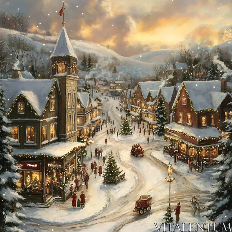 Festive Winter Village Scene AI Image