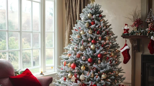 Festive Christmas Tree with Red and Gold Ornaments