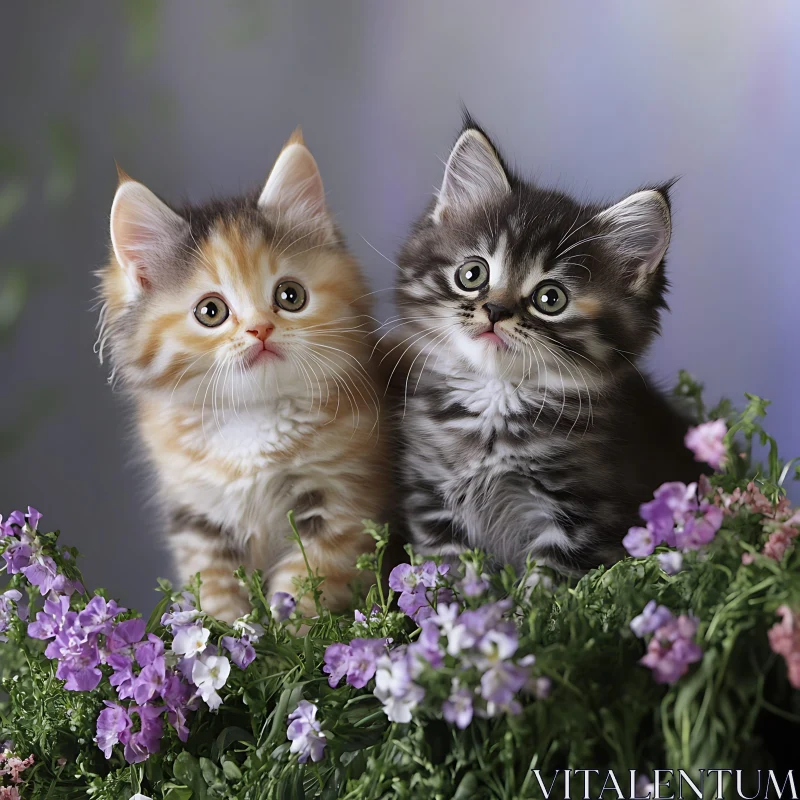 Fluffy Kittens Sitting in Flowers AI Image