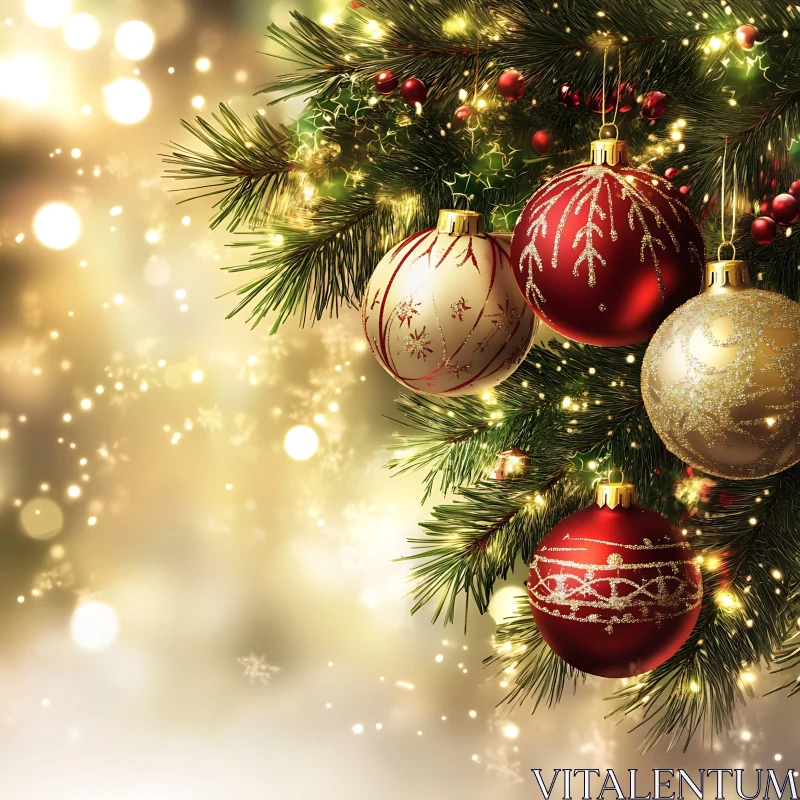 Festive Christmas Ornaments on a Tree Branch AI Image