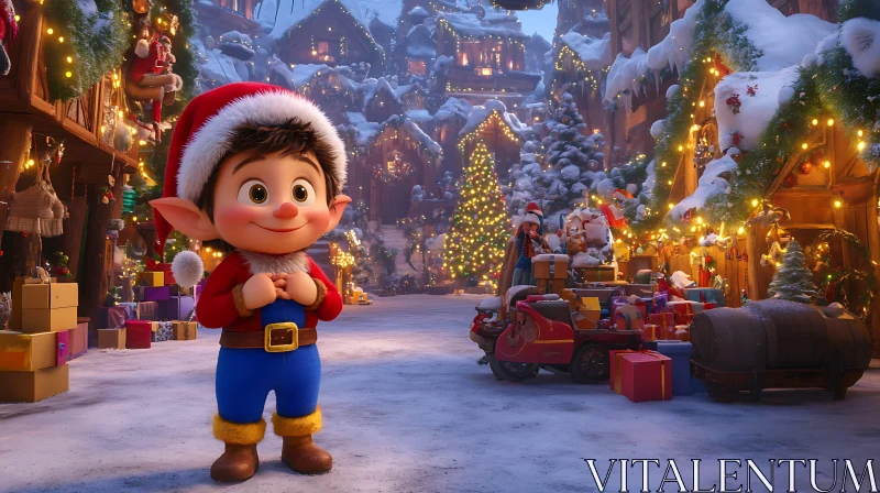 Joyful Elf in Christmas Village AI Image