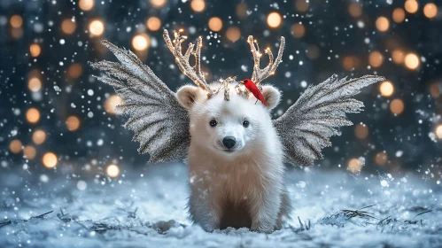 Magical Winter Scene with Bear Cub and Cardinal