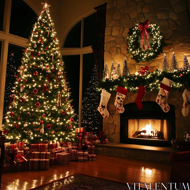 Holiday Decor and Christmas Tree by Fireplace AI Image