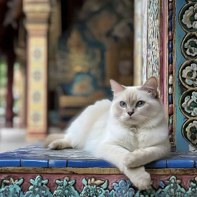 White Cat on Colorful Decorative Surface