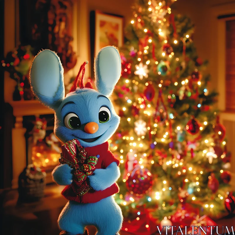 Festive Cartoon Bunny with Decorated Christmas Tree AI Image