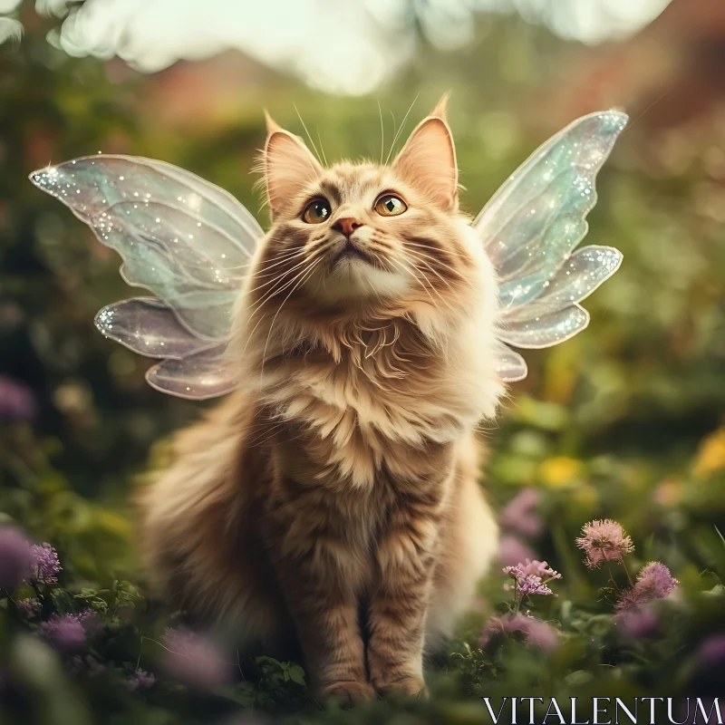 Whimsical Feline with Ethereal Wings in Lush Garden AI Image