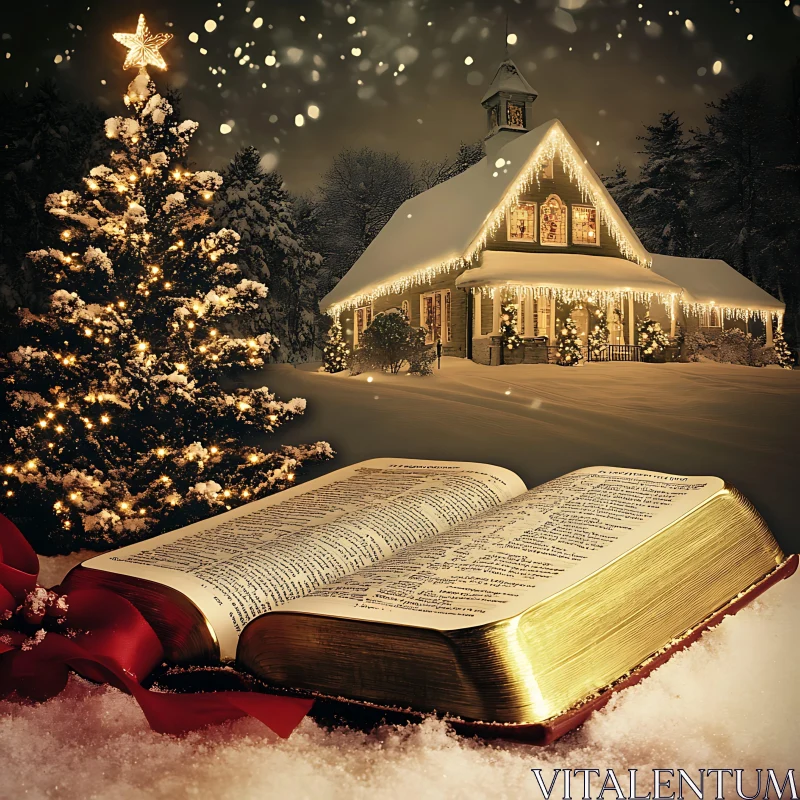 Festive Christmas Snow Scene with Illuminated House and Bible AI Image