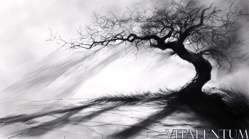 AI ART Solitary Leafless Tree in Black and White Sketch