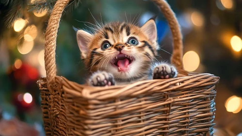 Cute Kitten Peeking Out from Basket