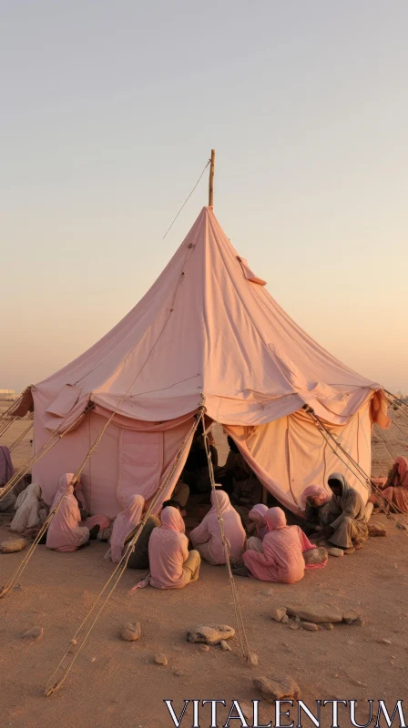Desert Dwelling: A Gathering in a Pink Tent Amidst Dusty Piles AI Image