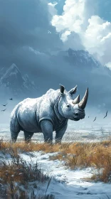 Rhinoceros in Snowy Landscape