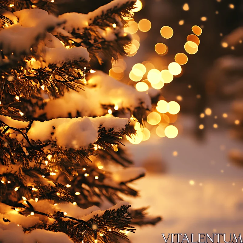 Snow-Covered Christmas Tree Illumined by Golden Fairy Lights AI Image