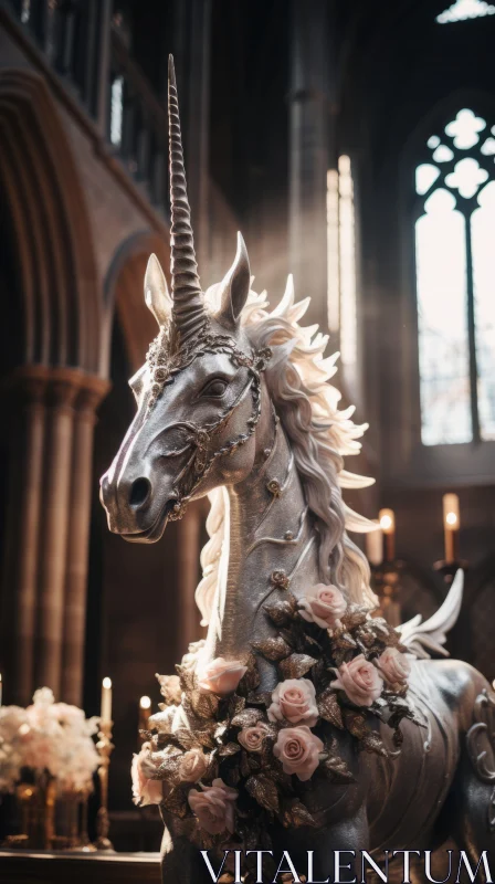 Elegant Unicorn Statue in a Dimly Lit Church with Flowers AI Image