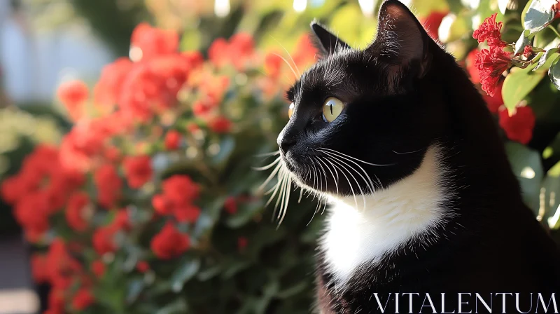 Cat with Red Flowers and Green Foliage AI Image